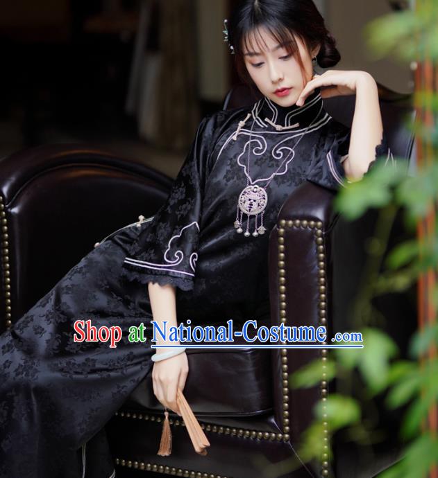 Republic of China Traditional Black Silk Qipao Dress Classical Clothing Rich Lady Cheongsam