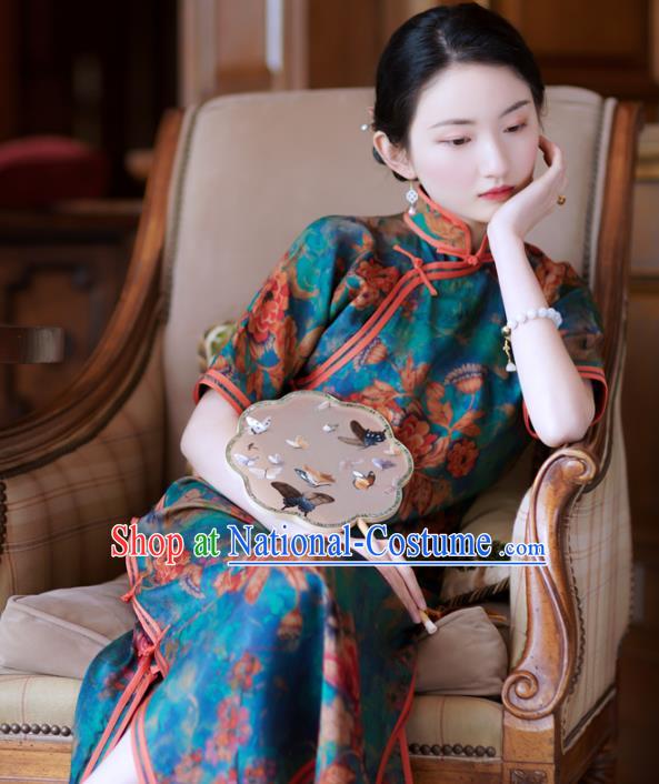 Republic of China Young Mistress Cheongsam Traditional Printing Blue Qipao Dress Clothing