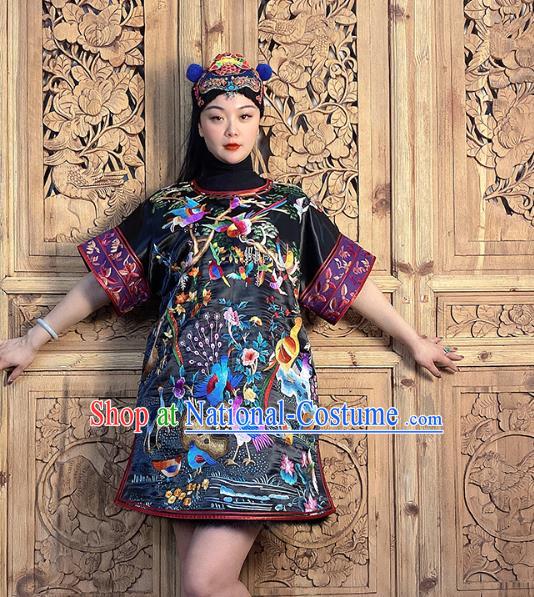 China National Ethnic Girl Costume Hand Embroidered Black Silk Short Dress