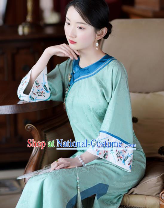 China Classical Wide Sleeve Cheongsam Clothing Traditional Embroidered Light Green Silk Qipao Dress