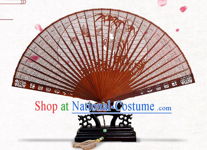 Chinese Rosewood Carving Crane Fan Handmade Hollow Folding Fan Classical Accordion