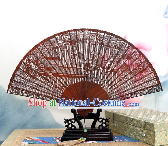 Chinese Handmade Hollow Folding Fan Classical Accordion Rosewood Carving Fan