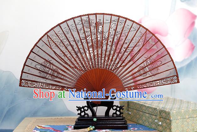 Chinese Classical Accordion Rosewood Carving Flower Fairy Fan Handmade Hollow Folding Fan