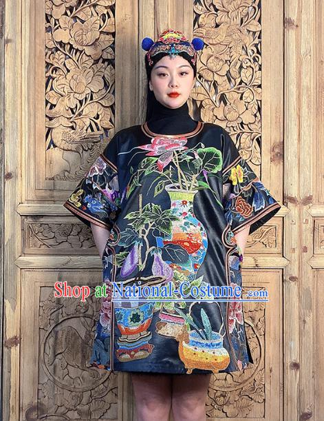 China National Embroidered Costume Hand Embroidered Peony Flowers Black Silk Dress