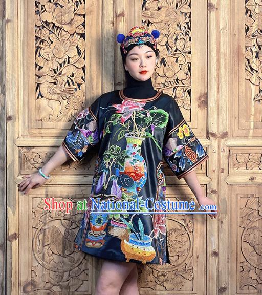 China National Embroidered Costume Hand Embroidered Peony Flowers Black Silk Dress