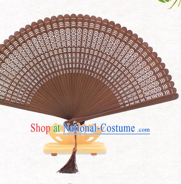 Chinese Carving Fan Classical Accordion Handmade Hollow Brown Bamboo Folding Fan