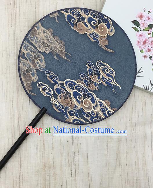 China Handmade Circular Fan Printing Clouds Fan Classical Navy Silk Fan