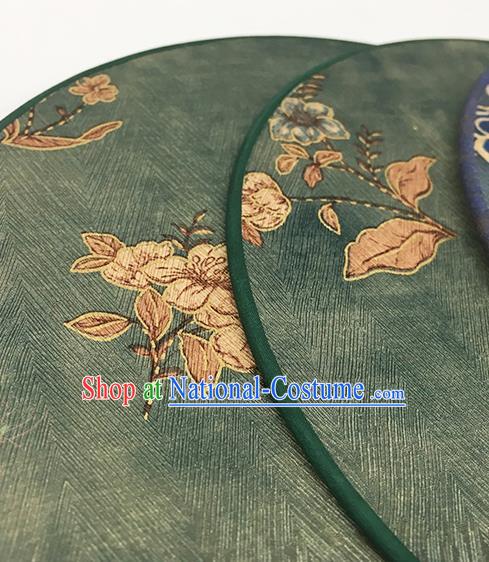 China Printing Flowers Fan Classical Green Silk Fan Handmade Circular Fan