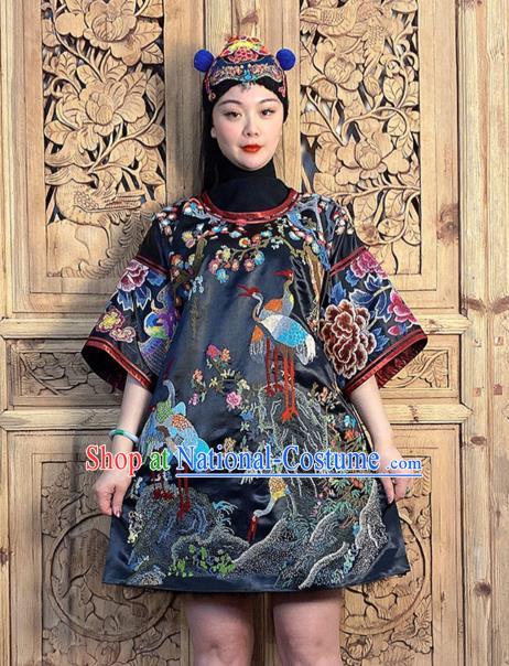 China Hand Embroidery Crane Peony Black Silk Dress National Ethnic Embroidered Costume