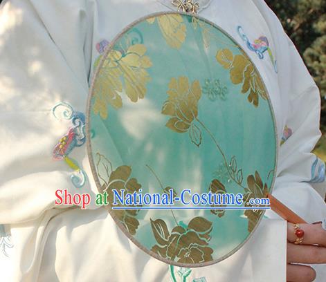 China Classical Dance Circular Fan Handmade Printing Peony Green Silk Fan Traditional Hanfu Fan