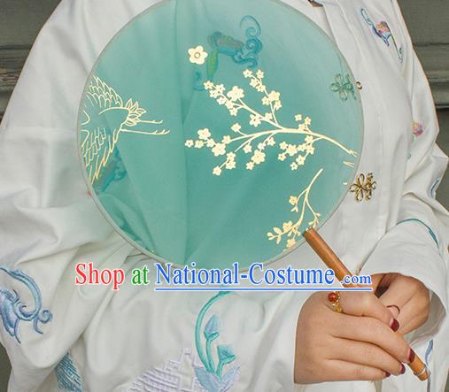 China Traditional Ming Dynasty Palace Fan Classical Dance Circular Fan Handmade Printing Plum Green Silk Fan