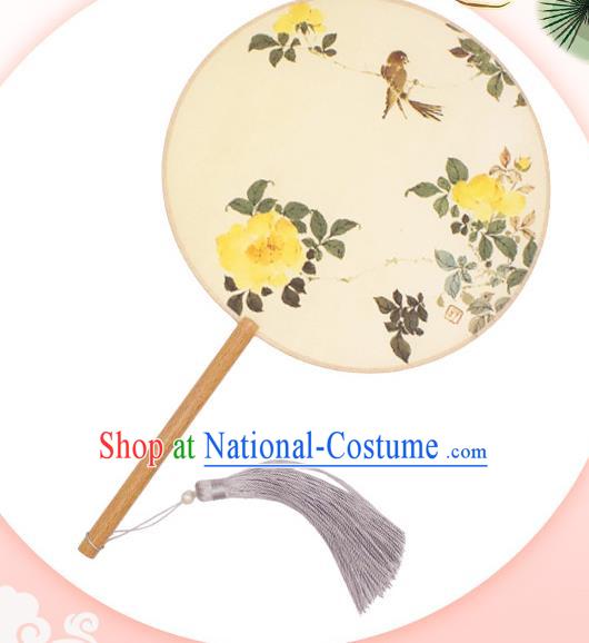 China Classical Circular Fan Handmade Printing Peony Bird Beige Silk Fan Traditional Palace Fan