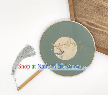 China Classical Dance Fan Handmade Printing Blue Silk Circular Fan Traditional Palace Fan