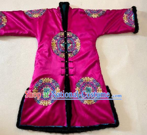 Chinese Winter Outer Garment Cotton Wadded Coat National Costume Embroidered Rosy Silk Dust Coat