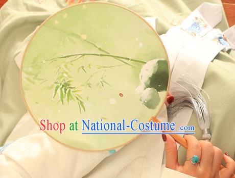 China Handmade Light Green Silk Circular Fan Traditional Printing Bamboo Palace Fan Classical Dance Fan