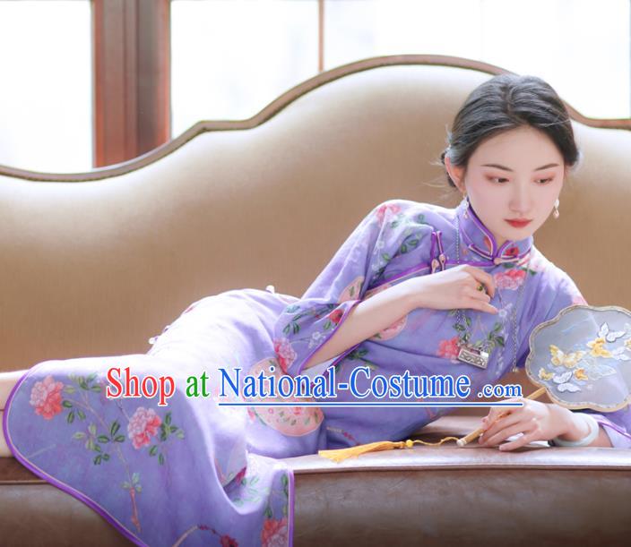 Republic of China Classical Printing Flowers Cheongsam Traditional Young Lady Violet Qipao Dress