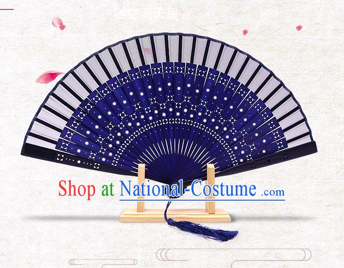 Chinese Handmade Silk Folding Fan Classical Blue Accordion Hollow Bamboo Fan