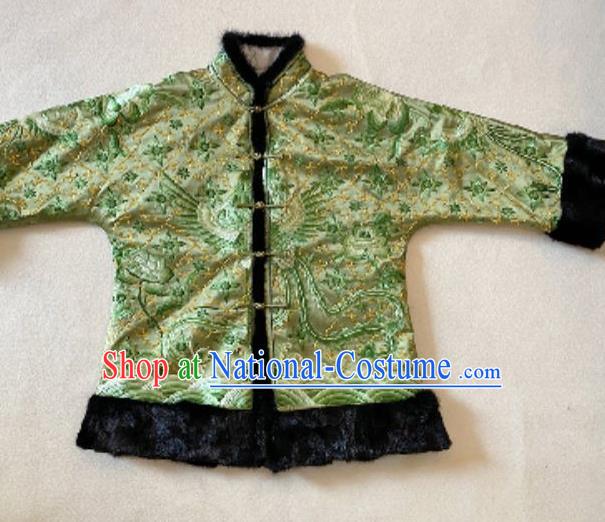 Chinese Light Green Silk Cotton Wadded Jacket National Costume Embroidered Phoenix Coat Winter Outer Garment