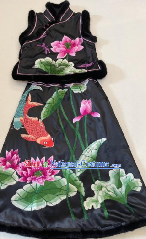 Chinese Hand Embroidery Lotus Black Silk Vest and Skirt Traditional Embroidered Uniforms