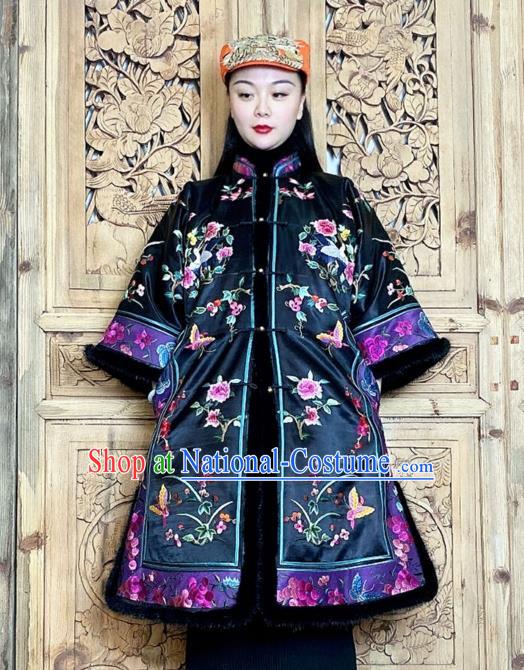 Chinese Traditional Tang Suit Black Silk Clothing Woman Embroidered Peony Butterfly Cotton Wadded Coat