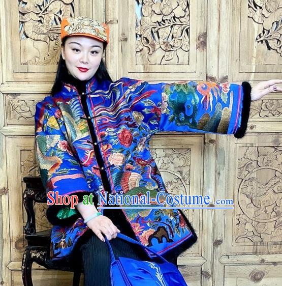 Chinese Woman Embroidered Phoenix Cotton Wadded Coat Traditional Tang Suit Blue Silk Clothing