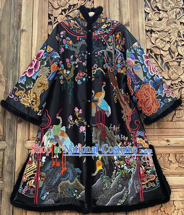 Chinese Traditional Winter Embroidered Clothing Embroidered Black Silk Cotton Wadded Coat