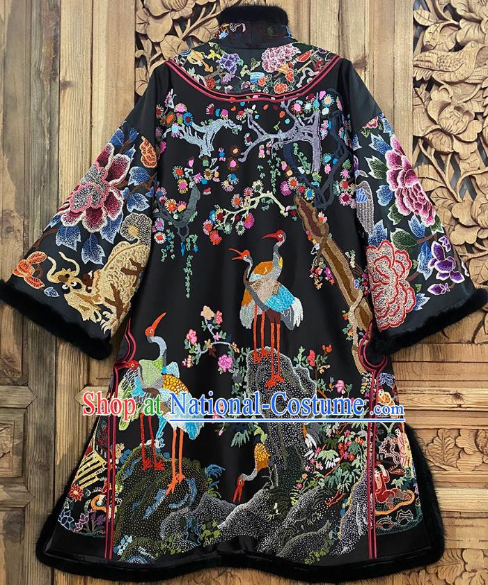 Chinese Traditional Winter Embroidered Clothing Embroidered Black Silk Cotton Wadded Coat