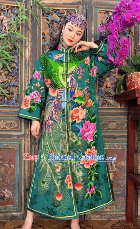 Chinese Embroidered Dust Coat Traditional Embroidered Green Silk Long Gown Clothing