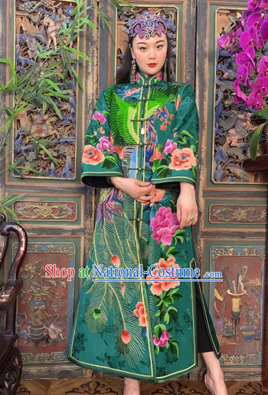 Chinese Embroidered Dust Coat Traditional Embroidered Green Silk Long Gown Clothing