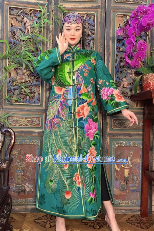 Chinese Embroidered Dust Coat Traditional Embroidered Green Silk Long Gown Clothing