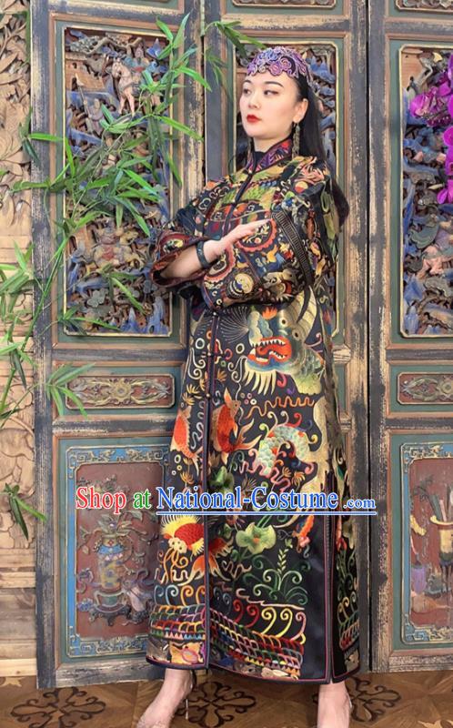 Chinese Embroidered Black Silk Dust Coat Traditional Long Gown Women Outer Garment Clothing