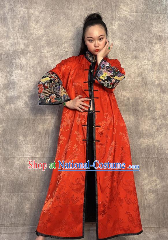 Chinese Embroidered Red Silk Coat Traditional Women Clothing Long Gown Outer Garment