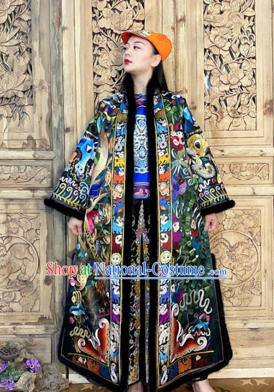 Chinese Traditional Women Clothing Winter Outer Garment Embroidered Silk Dust Coat