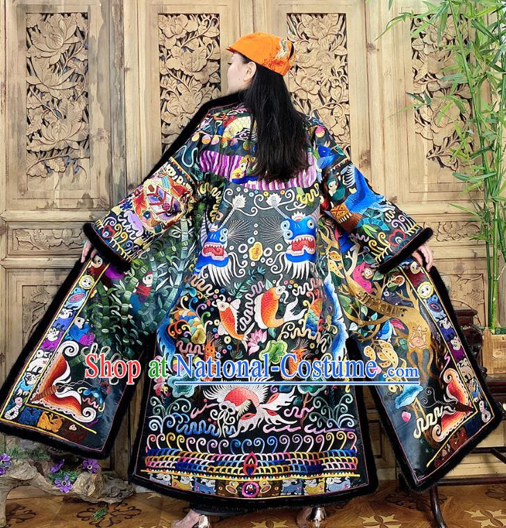 Chinese Traditional Women Clothing Winter Outer Garment Embroidered Silk Dust Coat