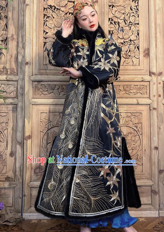 Chinese Traditional National Clothing Women Winter Outer Garment Embroidered Peacock Black Silk Dust Coat