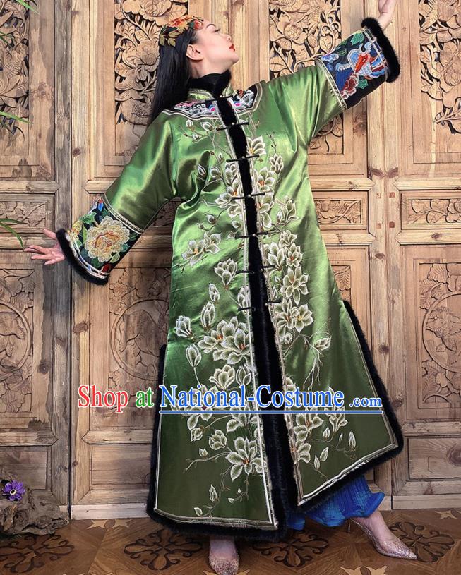 Chinese Green Silk Dust Coat Traditional National Clothing Women Winter Embroidered Mangnolia Outer Garment