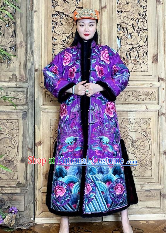 Chinese Women Winter Embroidered Peony Outer Garment Purple Silk Dust Coat Traditional National Clothing