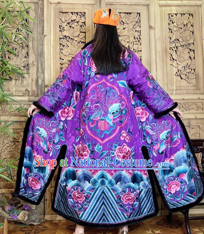 Chinese Women Winter Embroidered Peony Outer Garment Purple Silk Dust Coat Traditional National Clothing