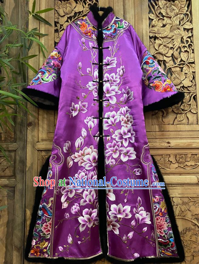 Chinese Women Winter Outer Garment Traditional National Clothing Embroidered Mangnolia Purple Silk Dust Coat