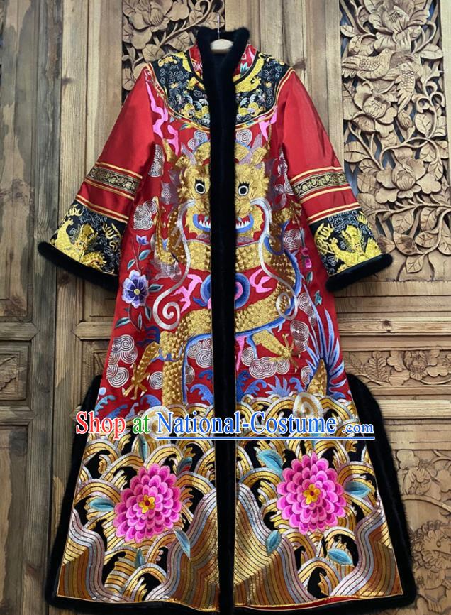 Chinese Embroidered Dragon Dust Coat Winter Red Silk Outer Garment Traditional National Women Clothing