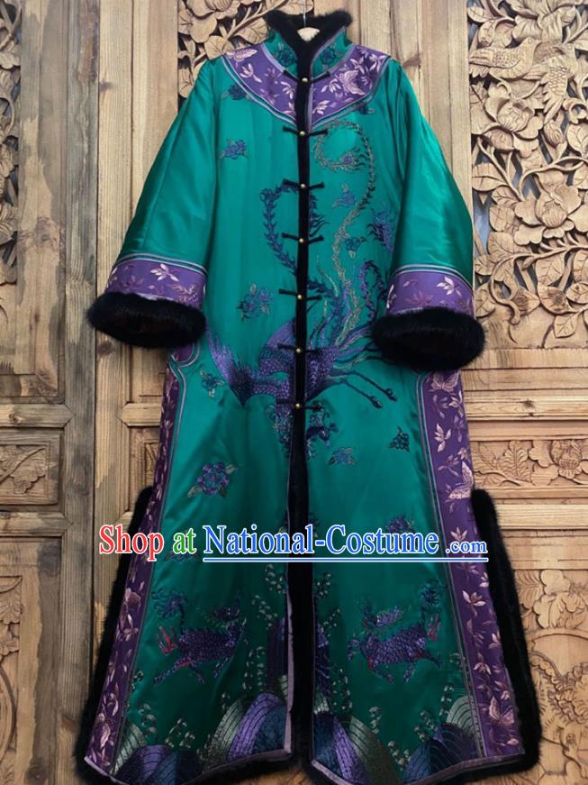 Chinese Winter Green Silk Outer Garment Traditional National Women Clothing Embroidered Phoenix Dust Coat