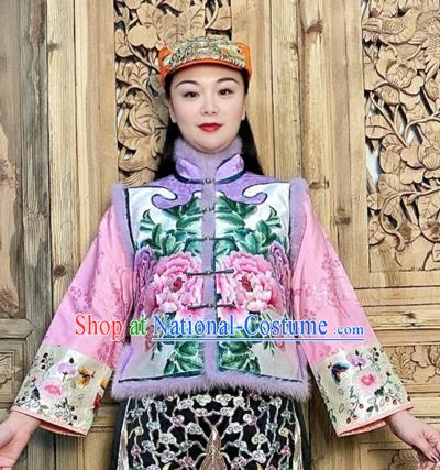 Chinese Winter Violet Silk Waistcoat Traditional National Women Clothing Embroidered Peony Vest