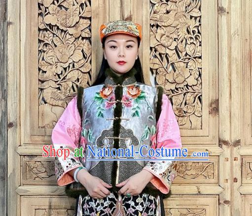 Chinese Traditional Winter Clothing Embroidered Vest Grey Silk Waistcoat