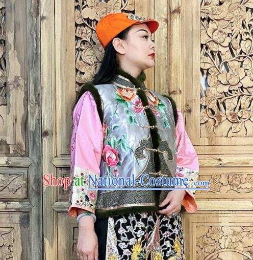 Chinese Traditional Winter Clothing Embroidered Vest Grey Silk Waistcoat