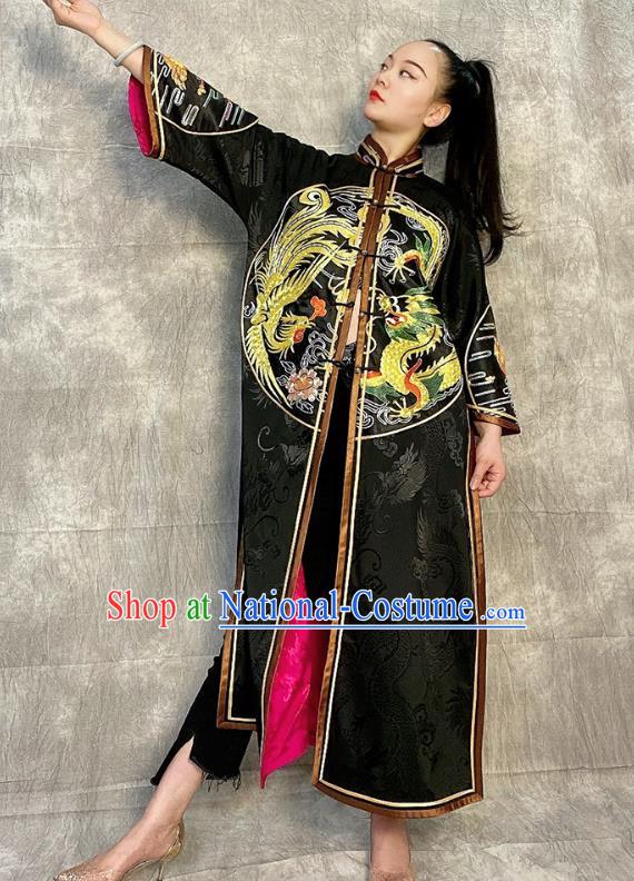 Chinese National Black Silk Dust Coat Traditional Tang Suit Overcoat Embroidered Costume