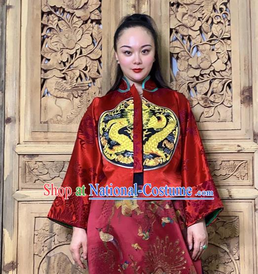 Chinese Tang Suit Upper Outer Garment Traditional Embroidered Red Silk Jacket