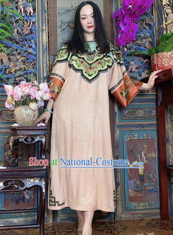 China Hand Embroidery Champagne Silk Dress National Embroidered Cheongsam Costume