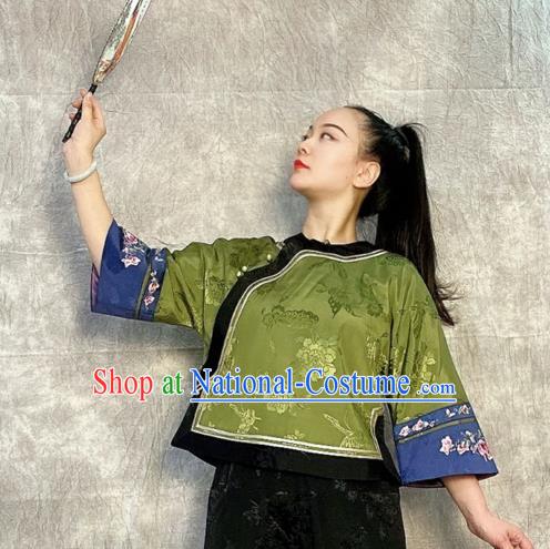 Chinese Tang Suit Upper Outer Garment Traditional Green Silk Blouse