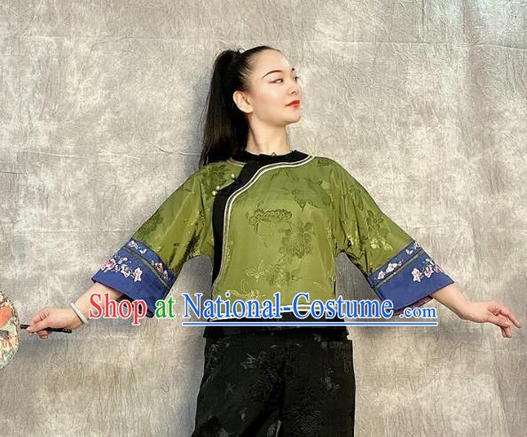 Chinese Tang Suit Upper Outer Garment Traditional Green Silk Blouse