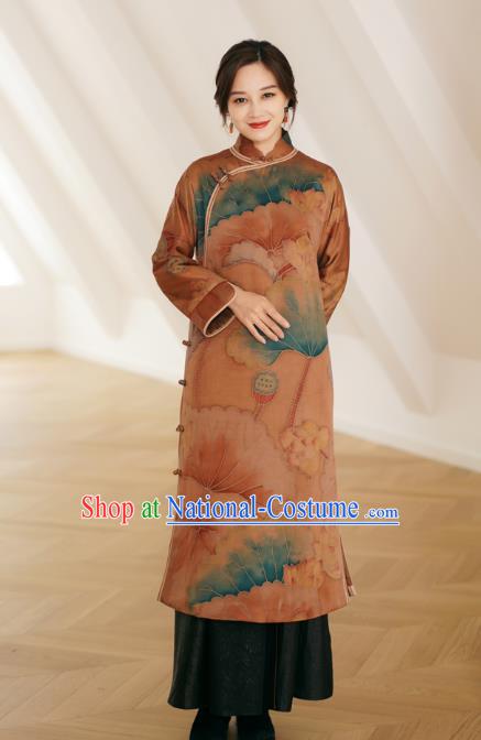 China Women Winter Silk Clothing Tang Suit Outer Garment National Hand Painting Lotus Brown Dust Coat